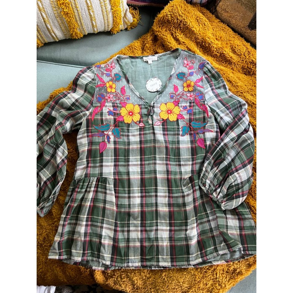 Women's ODDI Green Plaid Blouse with Floral Embroidery Size S